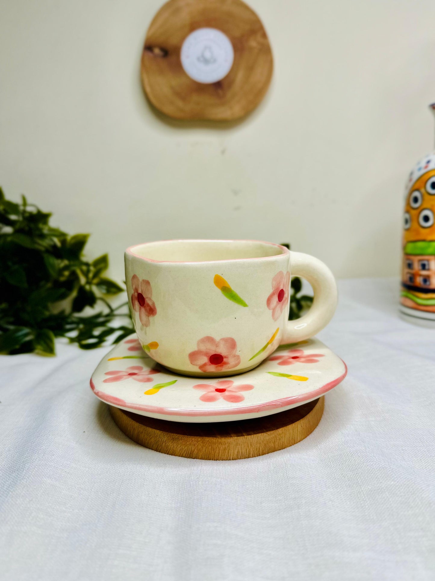 Handmade Ceramic Cup & Saucer – Pink Floral Design