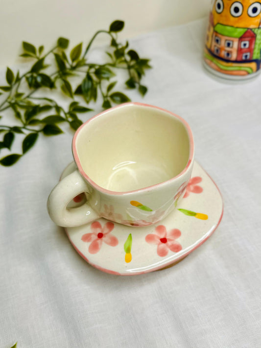 Handmade Ceramic Cup & Saucer – Pink Floral Design