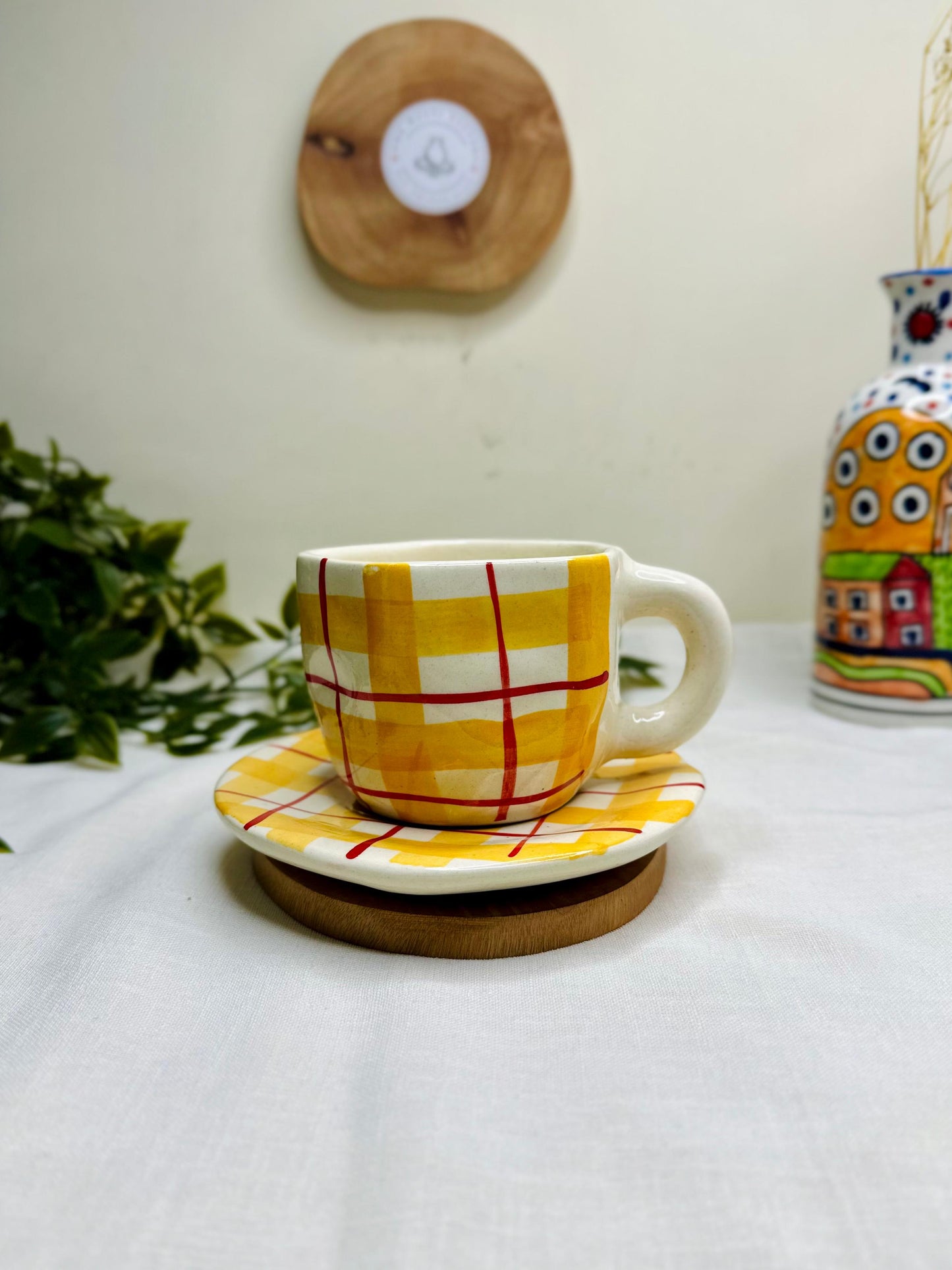 Handcrafted Ceramic Cup & Plate Set – Yellow Checkered Design