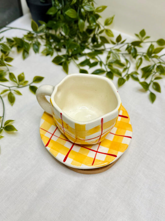 Handcrafted Ceramic Cup & Plate Set – Yellow Checkered Design