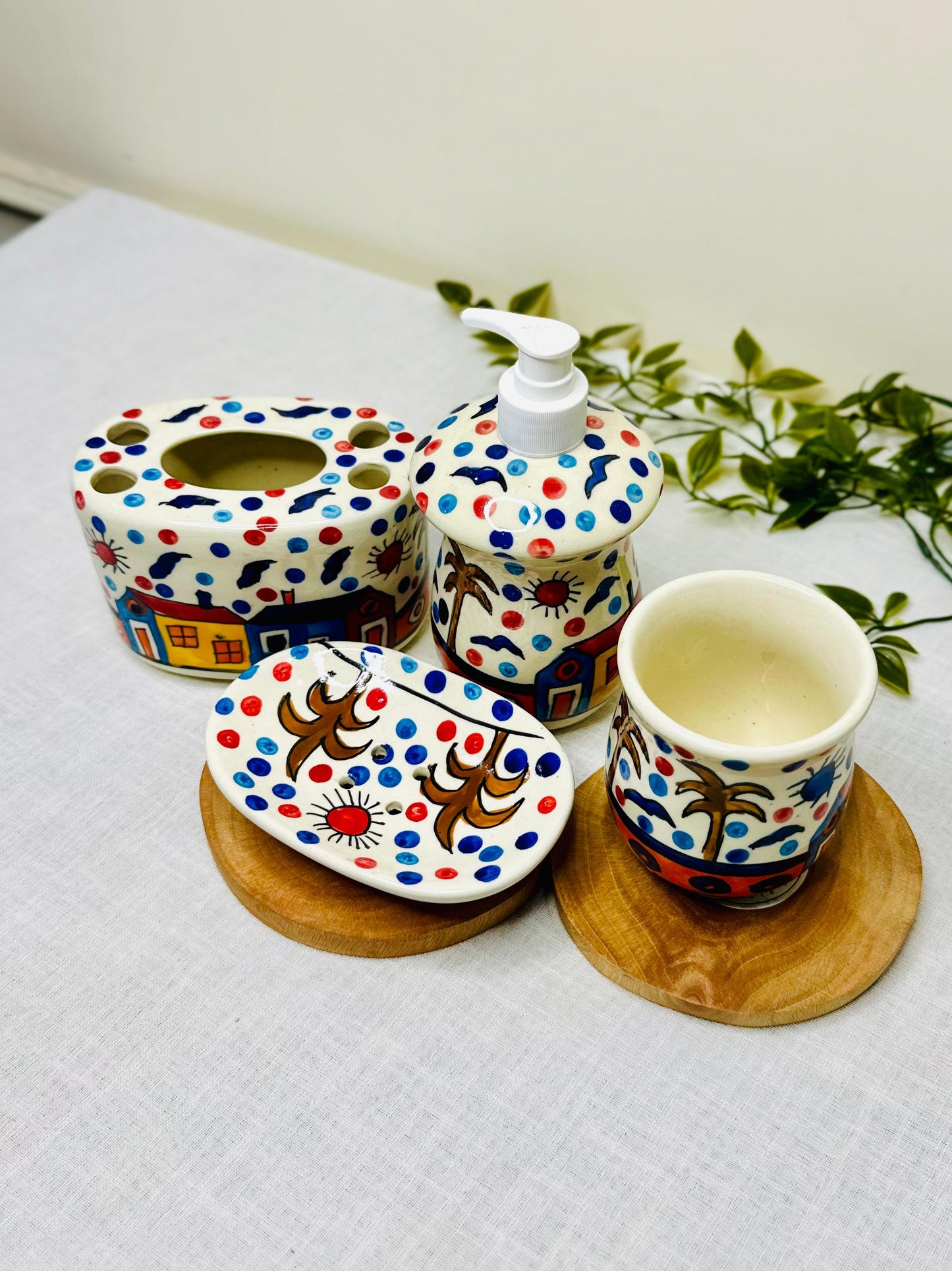 Hand-Painted Ceramic Bathroom Set (4-Piece)