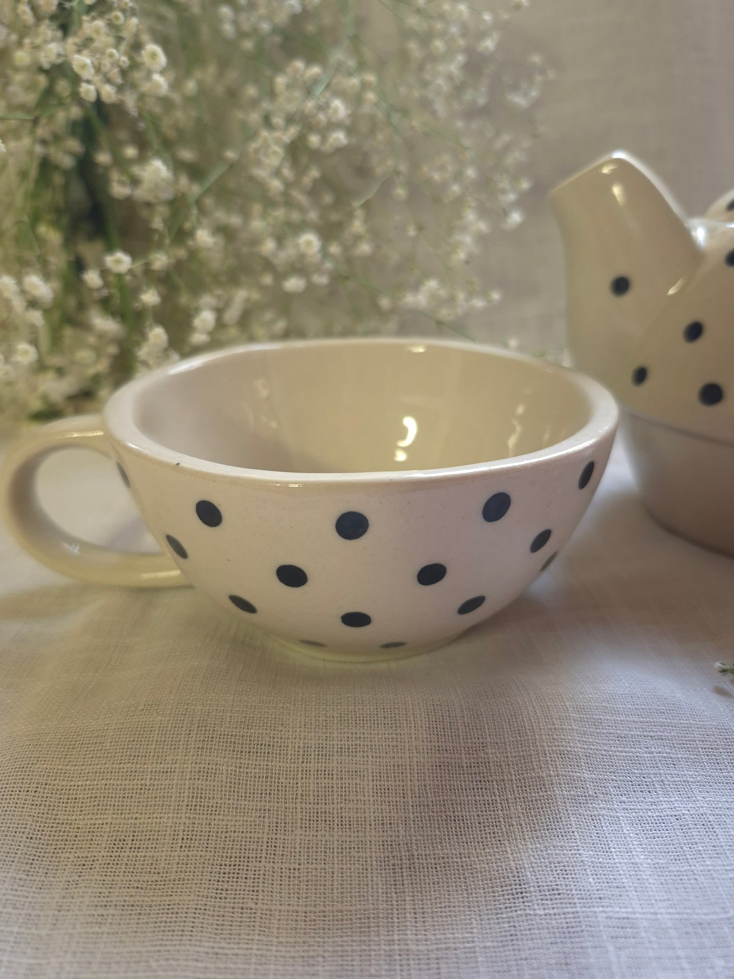 Polka Dot Tea-for-One Set: Charming Cream Ceramic
