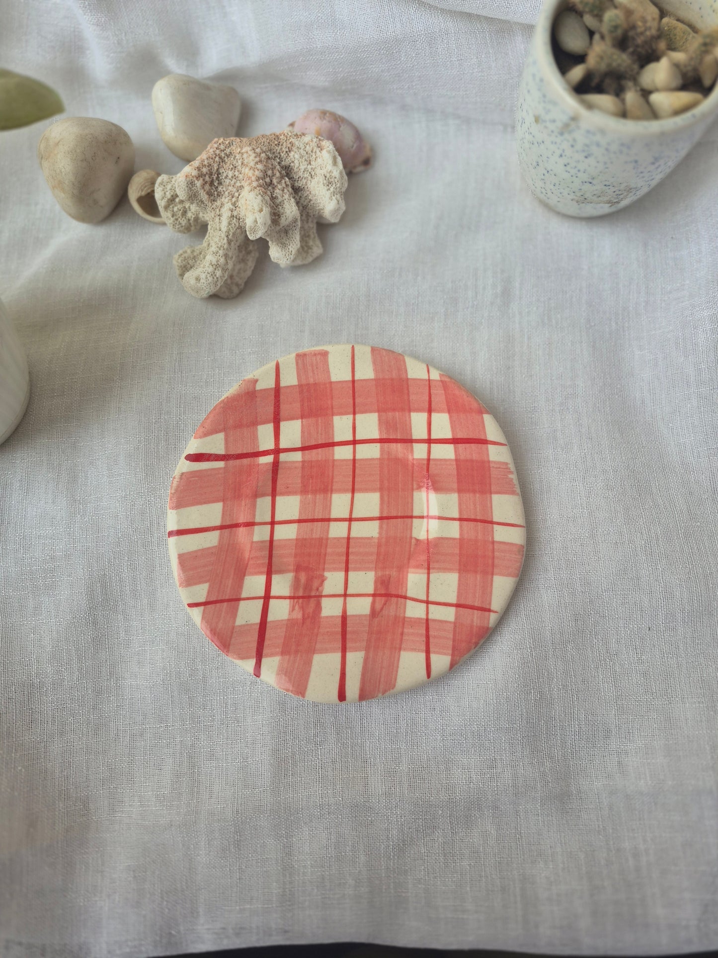 Hand-Painted Plaid Ceramic Cup & Saucer Set