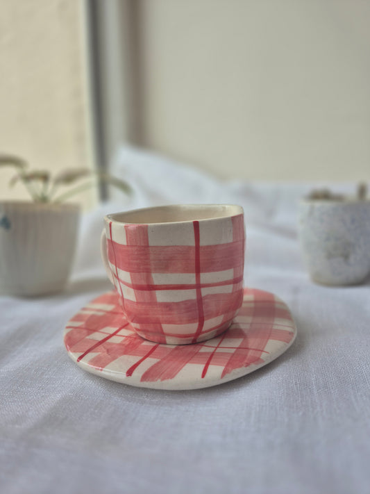 Hand-Painted Plaid Ceramic Cup & Saucer Set