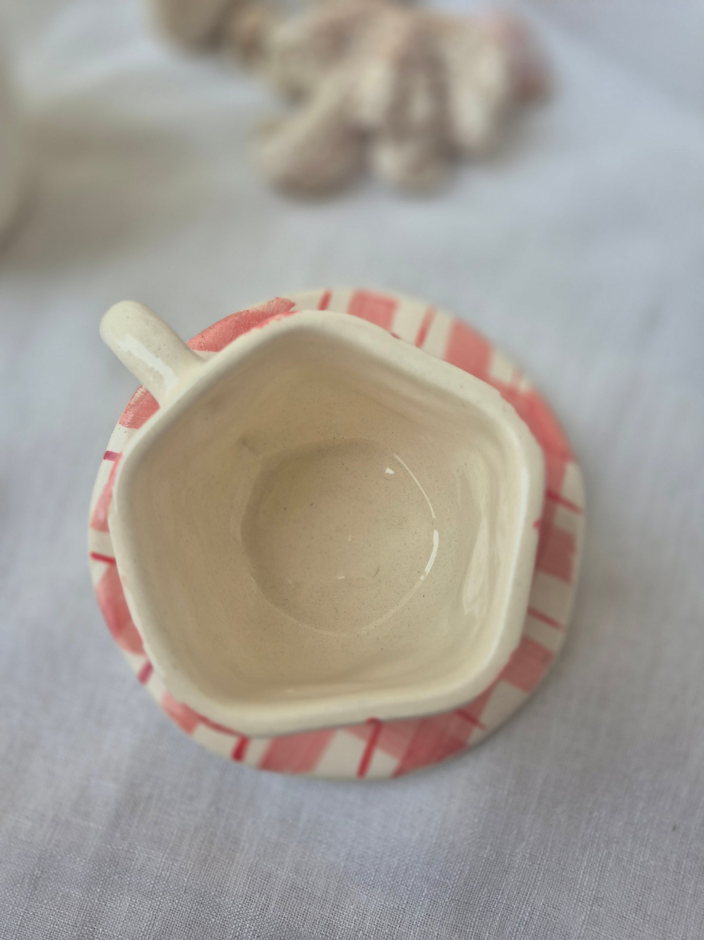 Hand-Painted Plaid Ceramic Cup & Saucer Set