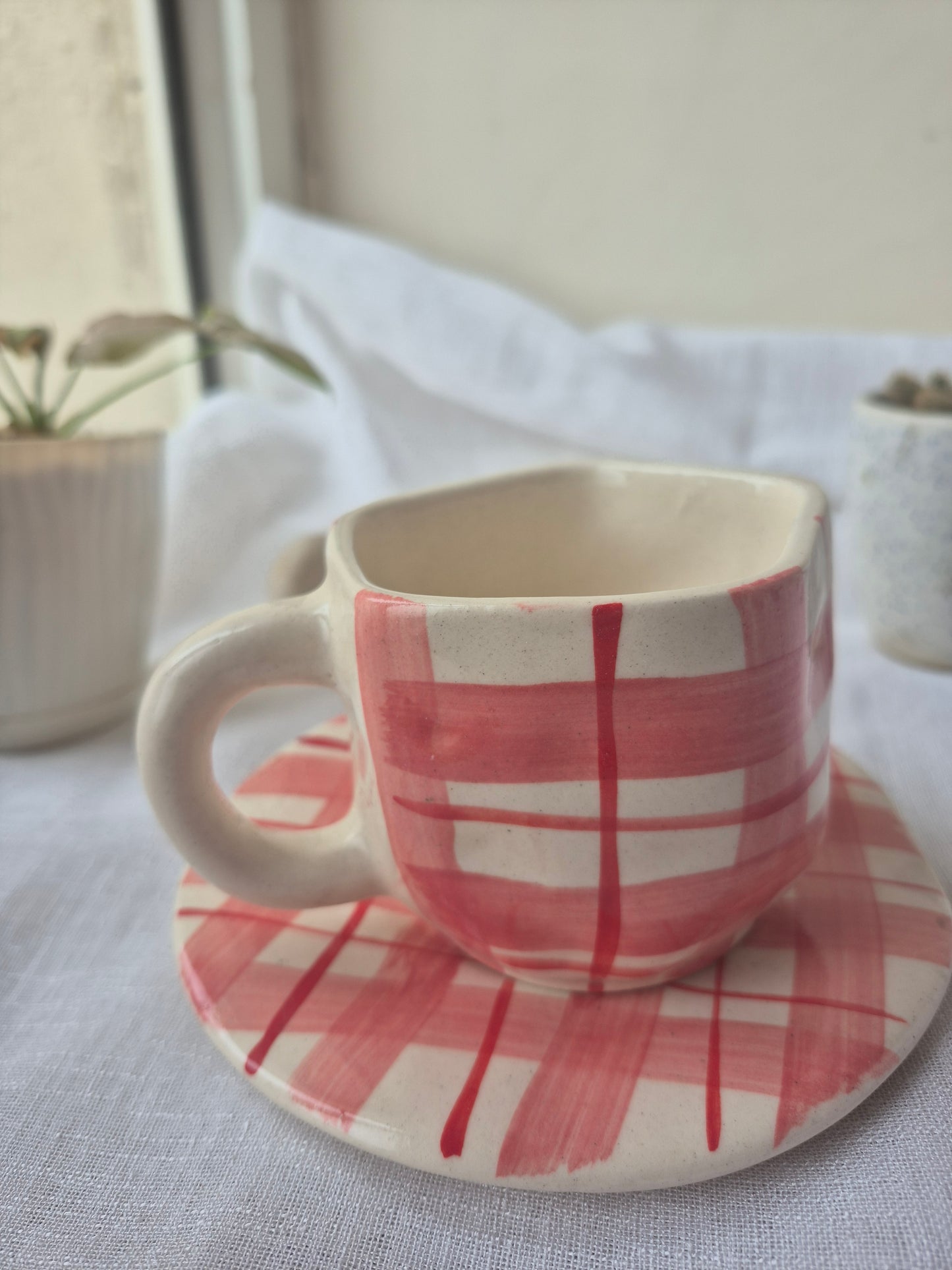 Hand-Painted Plaid Ceramic Cup & Saucer Set