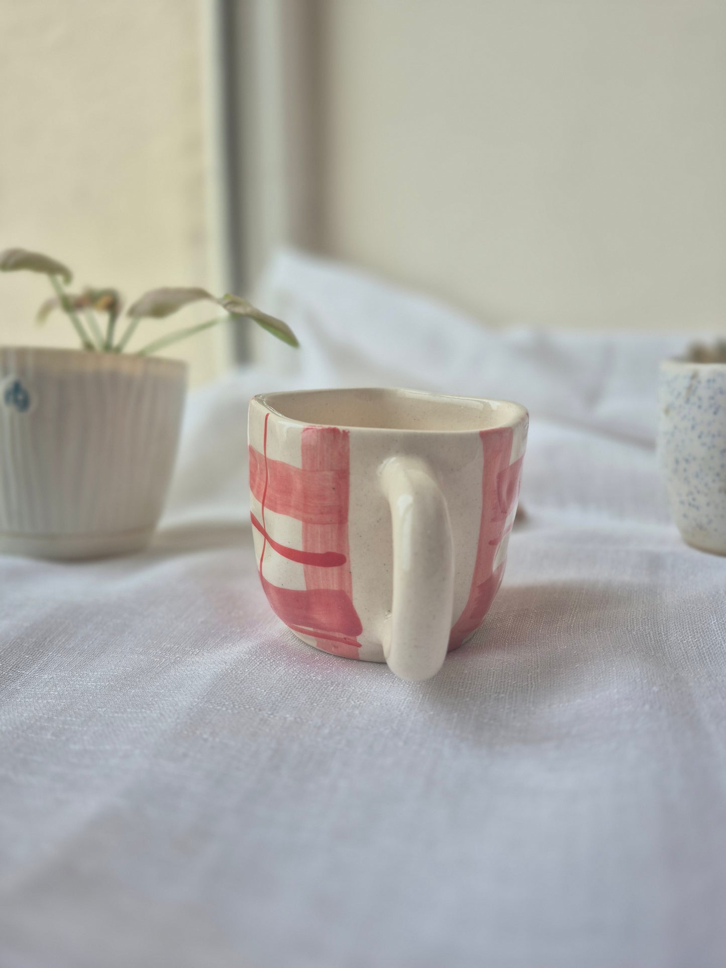 Hand-Painted Plaid Ceramic Cup & Saucer Set