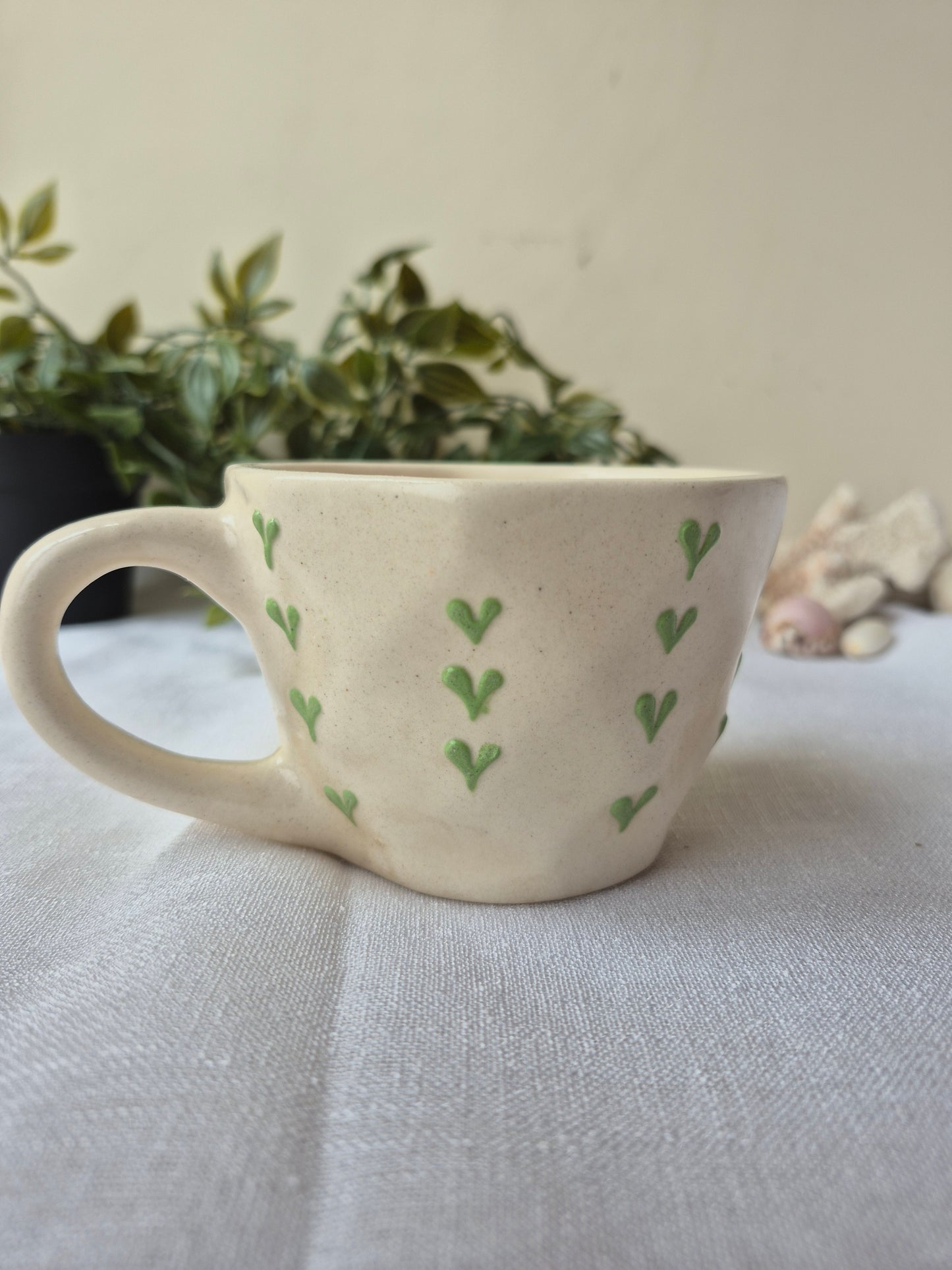 Handmade Ceramic Mug – Green Heart & Cherry Design
