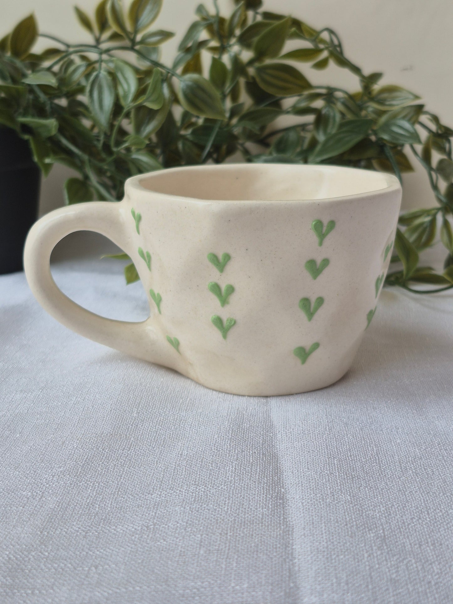 Handmade Ceramic Mug – Green Heart & Cherry Design