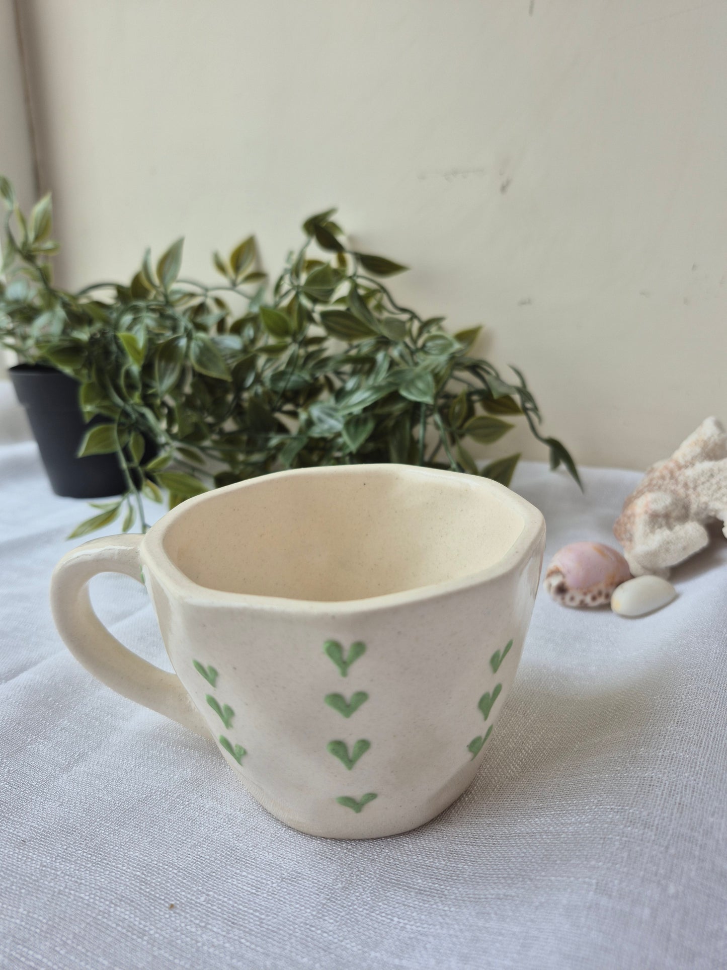 Handmade Ceramic Mug – Green Heart & Cherry Design