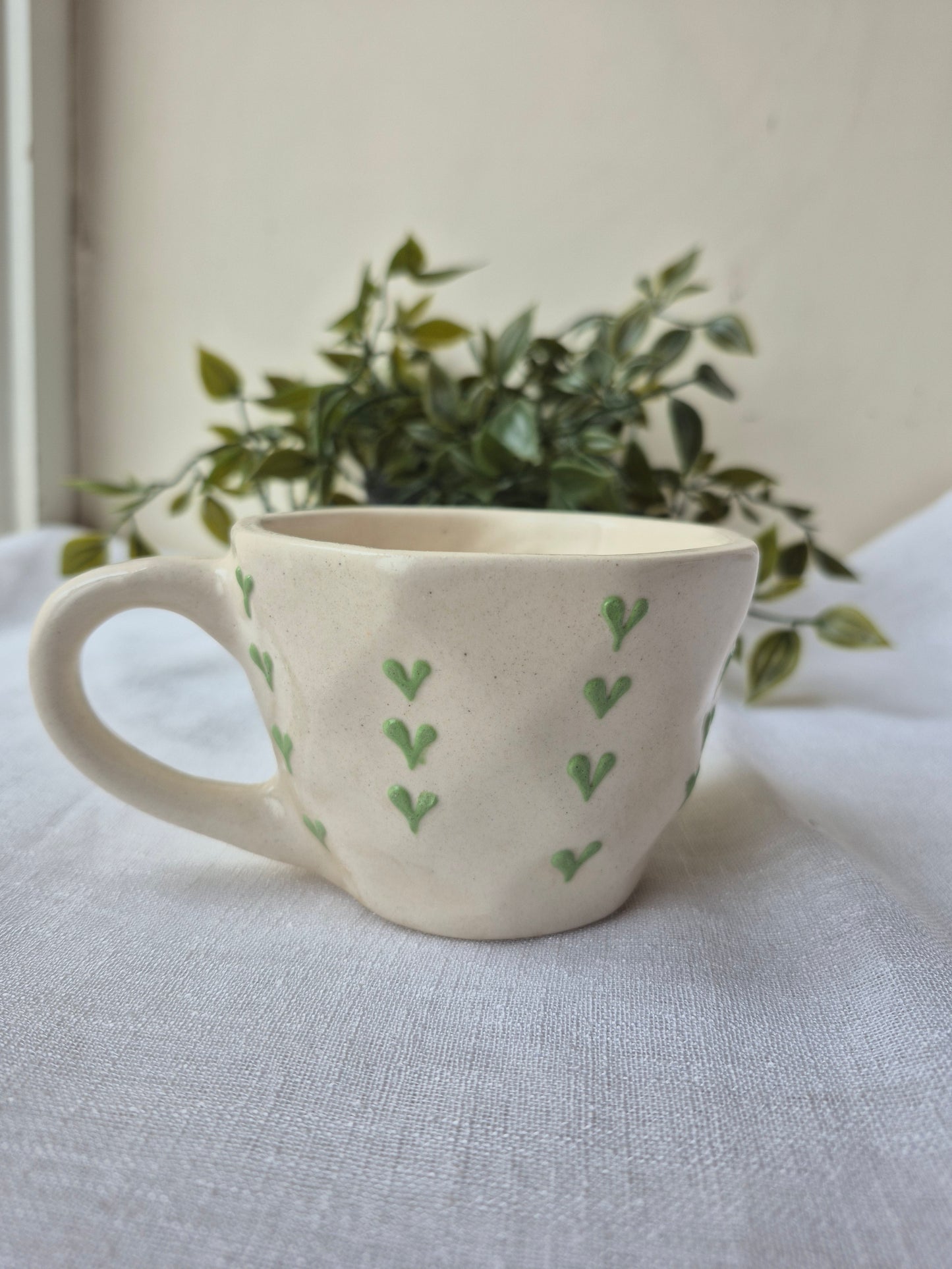 Handmade Ceramic Mug – Green Heart & Cherry Design