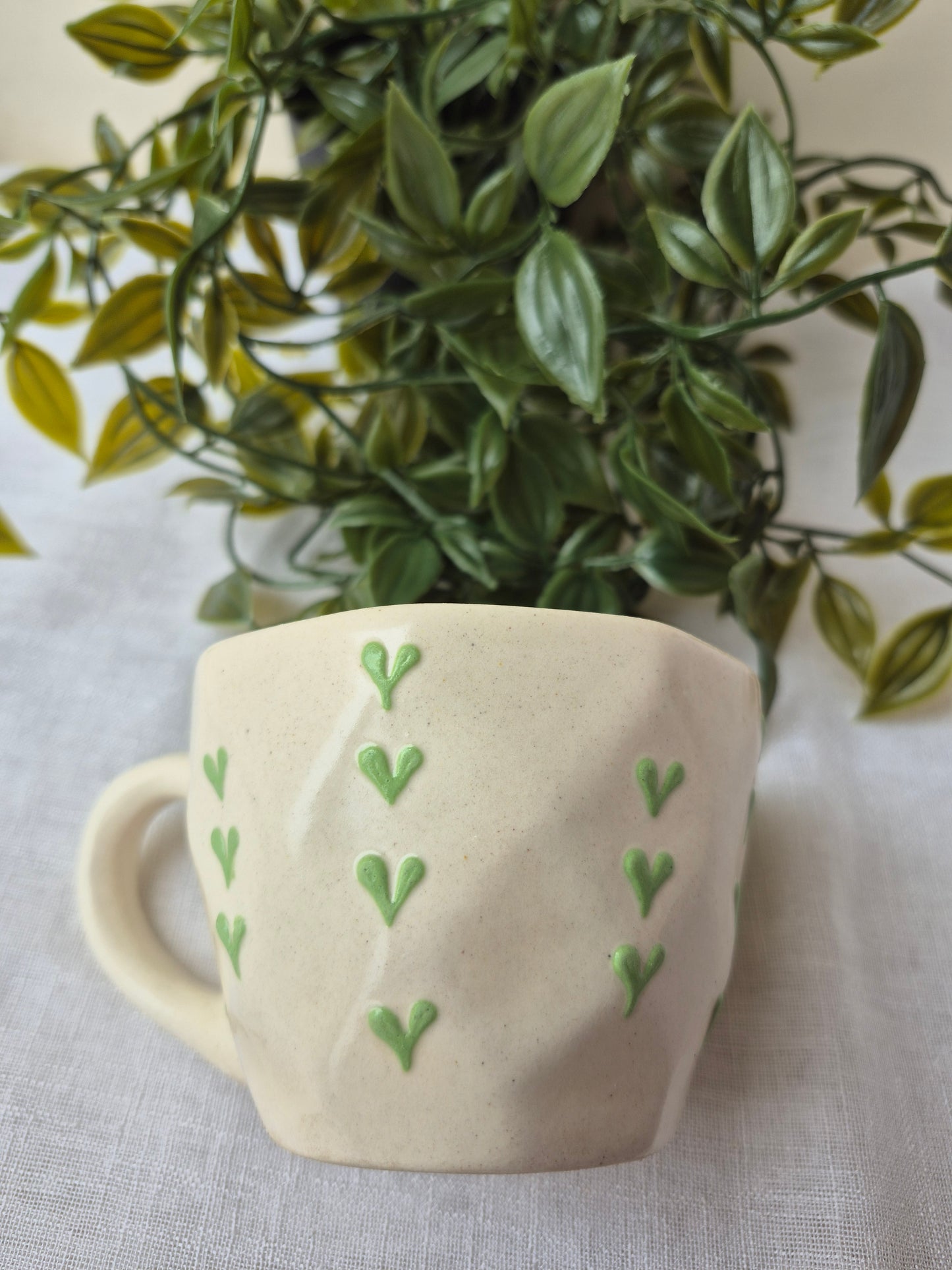 Handmade Ceramic Mug – Green Heart & Cherry Design