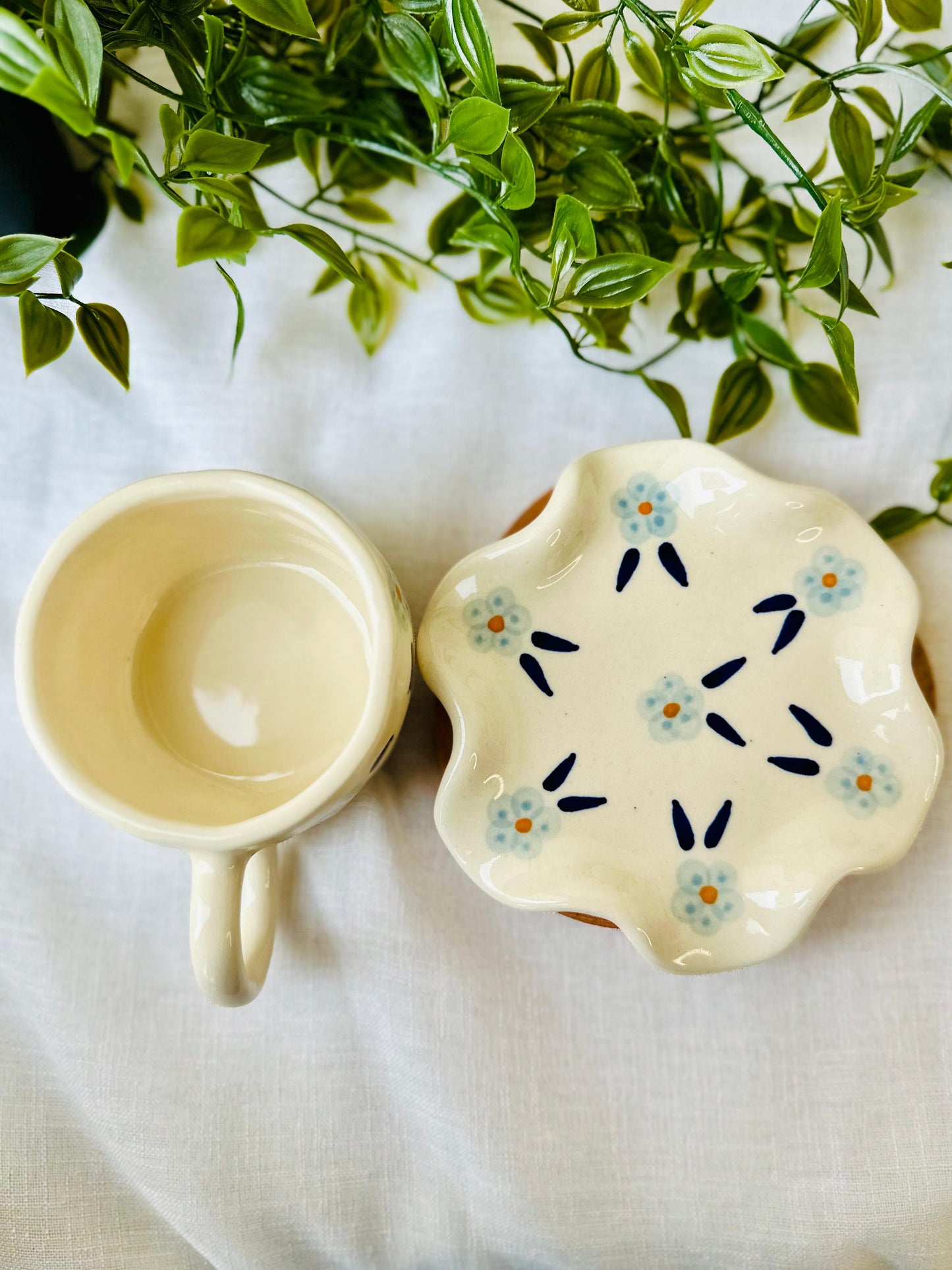 Whimsical Meadow Ceramic Tea Cup and Scalloped Saucer Set