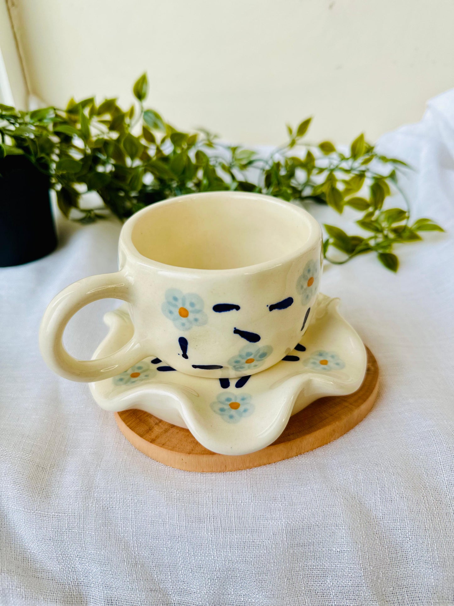 Whimsical Meadow Ceramic Tea Cup and Scalloped Saucer Set