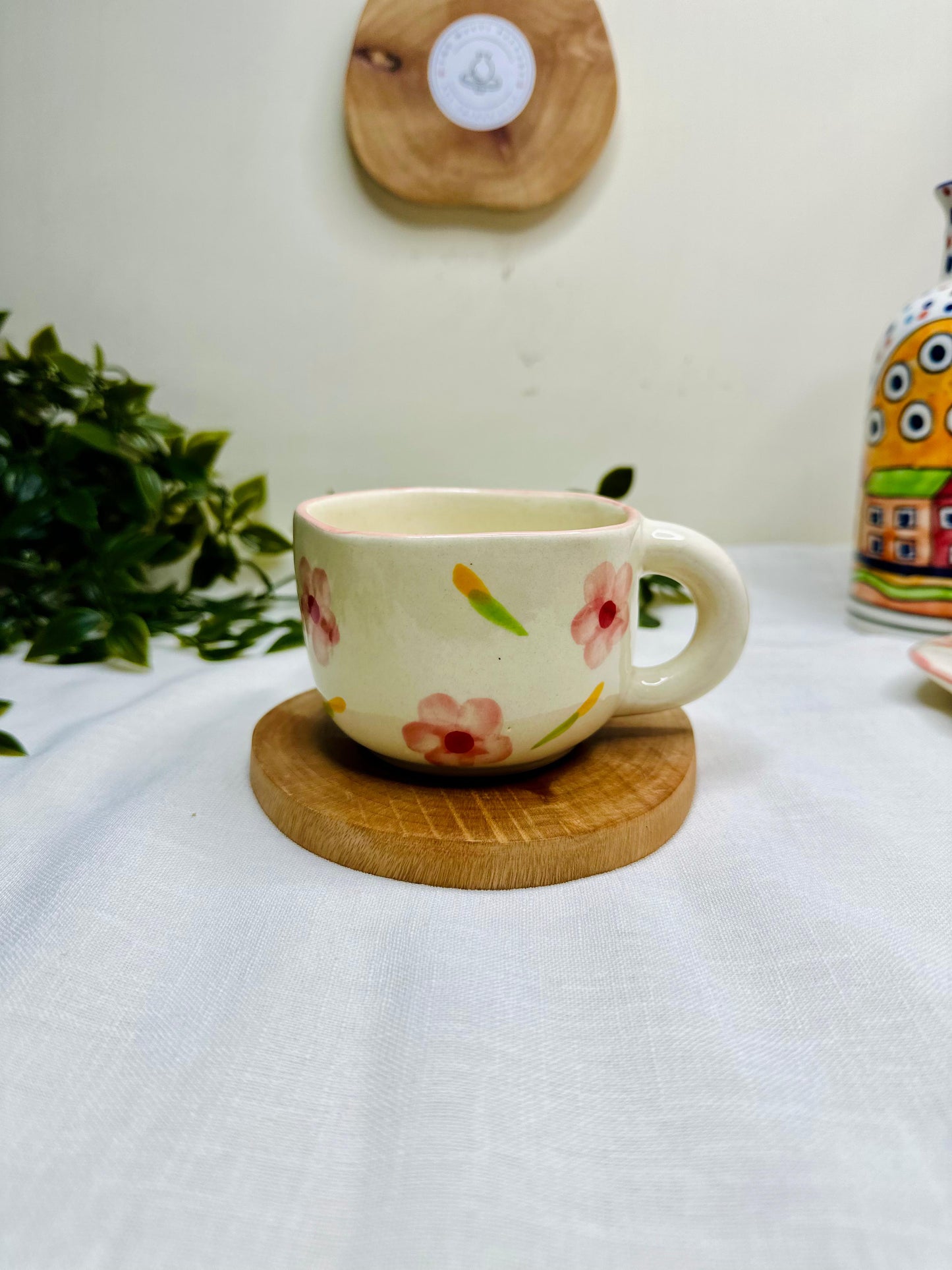 Handmade Ceramic Cup & Saucer – Pink Floral Design
