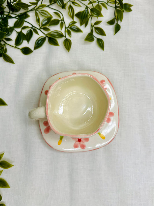 Handmade Ceramic Cup & Saucer – Pink Floral Design
