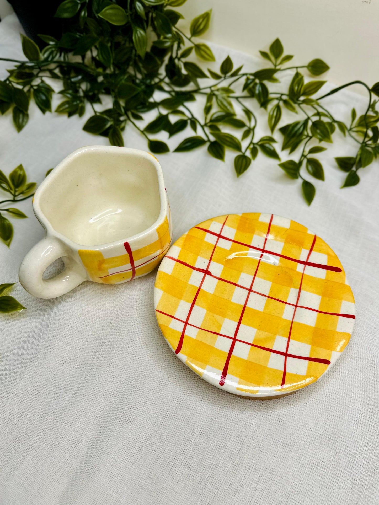Handcrafted Ceramic Cup & Plate Set – Yellow Checkered Design