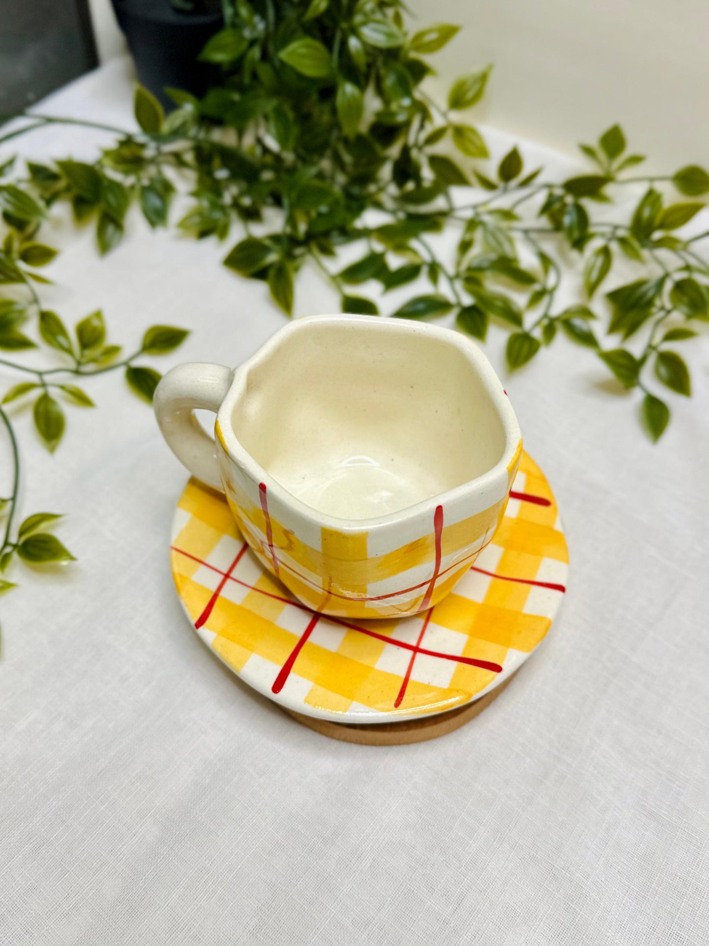 Handcrafted Ceramic Cup & Plate Set – Yellow Checkered Design