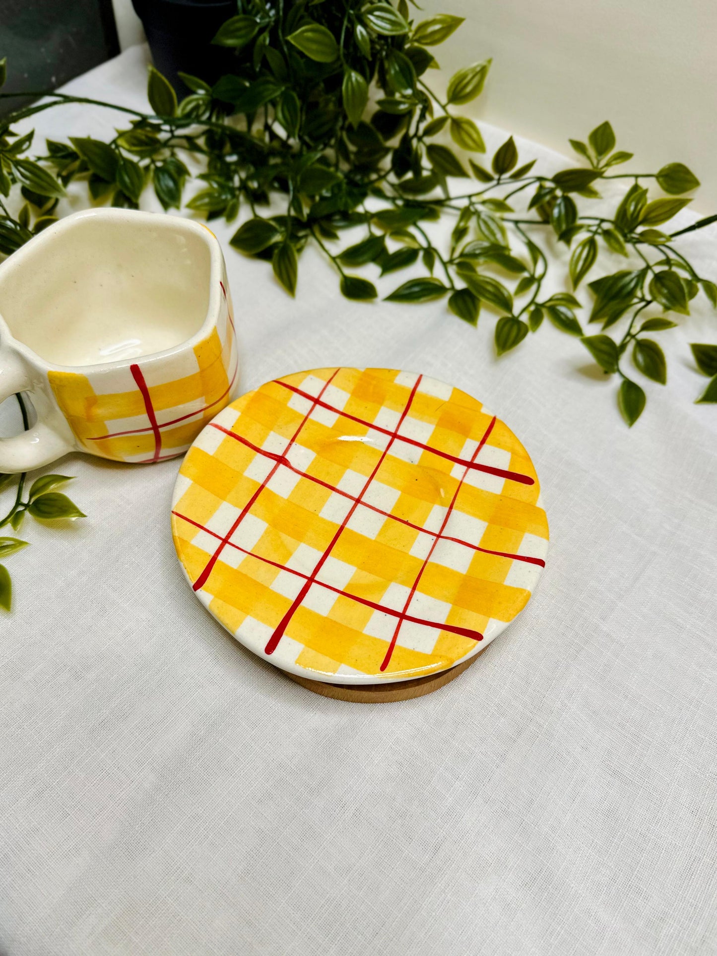 Handcrafted Ceramic Cup & Plate Set – Yellow Checkered Design