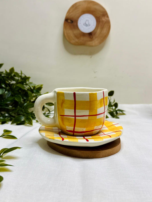Handcrafted Ceramic Cup & Plate Set – Yellow Checkered Design