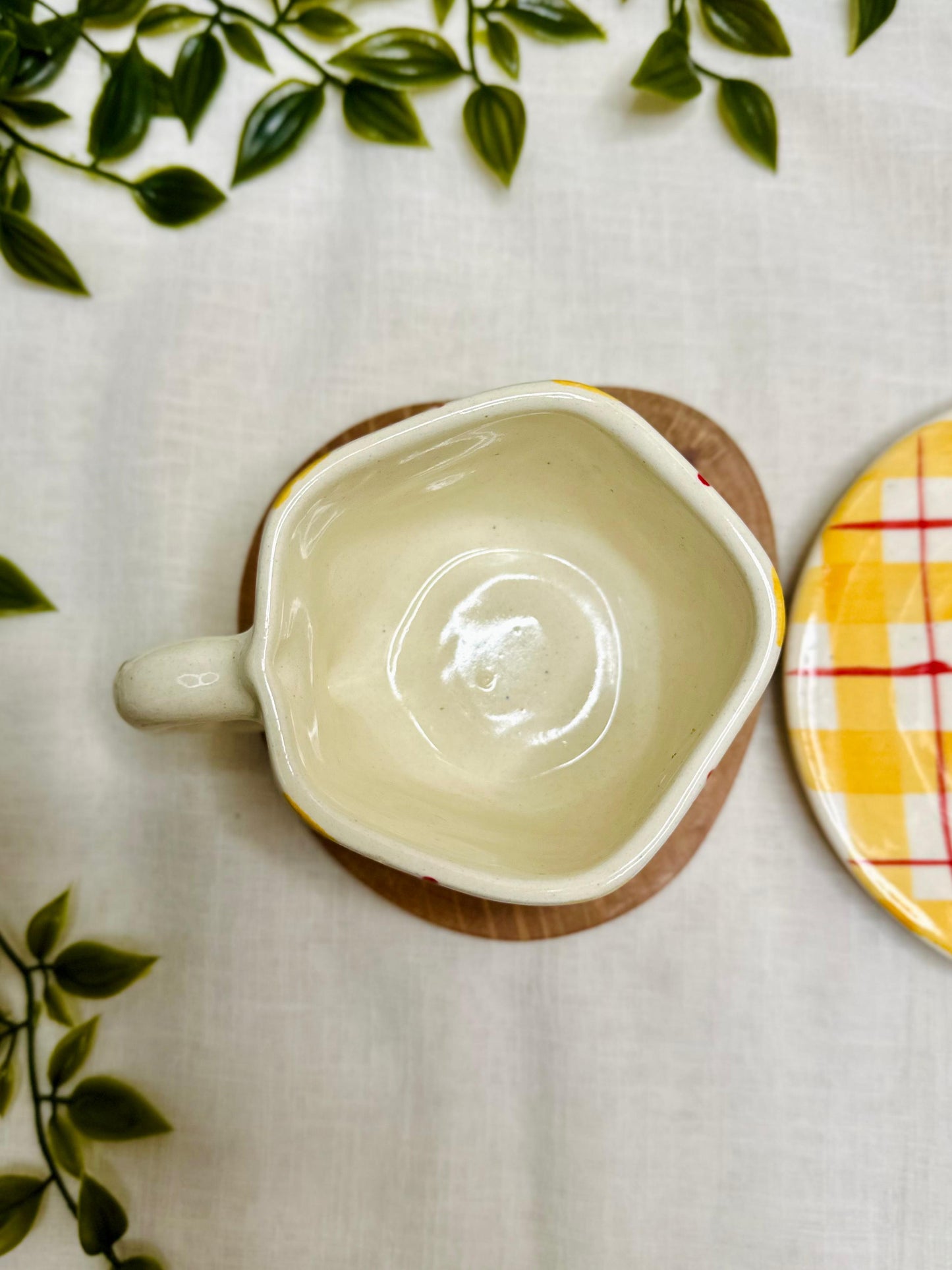 Handcrafted Ceramic Cup & Plate Set – Yellow Checkered Design