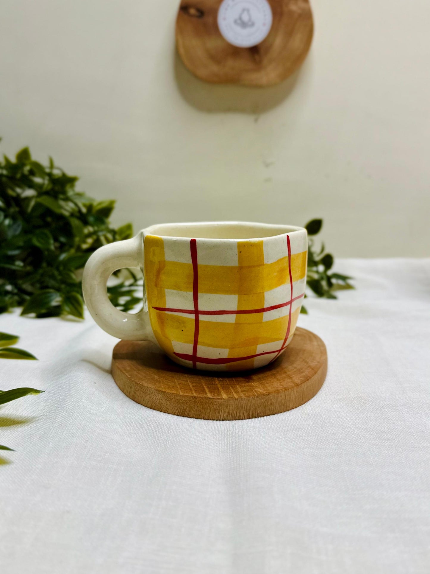 Handcrafted Ceramic Cup & Plate Set – Yellow Checkered Design