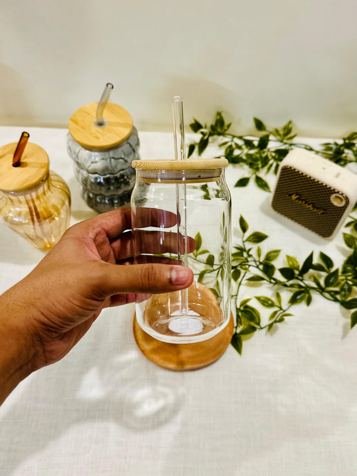 Trendy Glass Drinking Can with Bamboo Lid & Straw