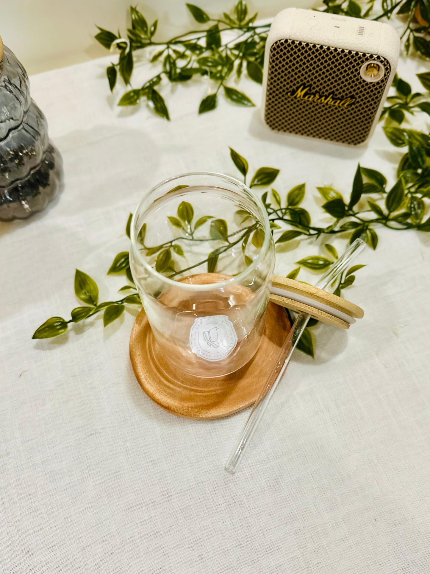 Trendy Glass Drinking Can with Bamboo Lid & Straw
