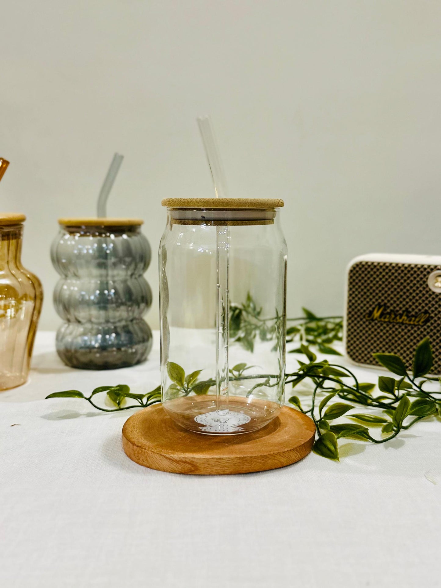 Trendy Glass Drinking Can with Bamboo Lid & Straw