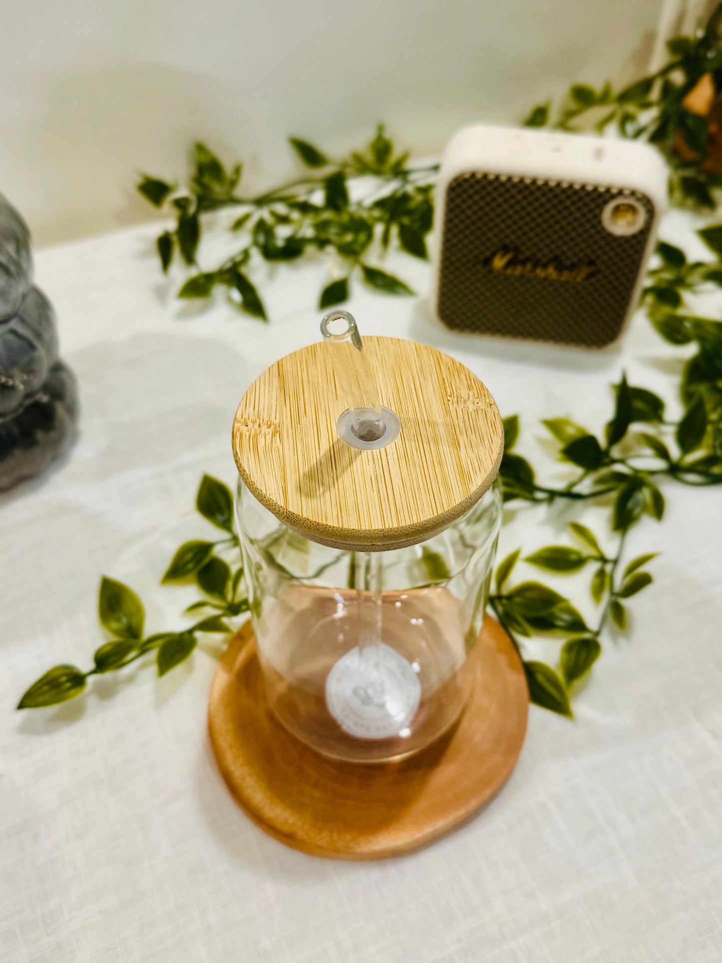 Trendy Glass Drinking Can with Bamboo Lid & Straw
