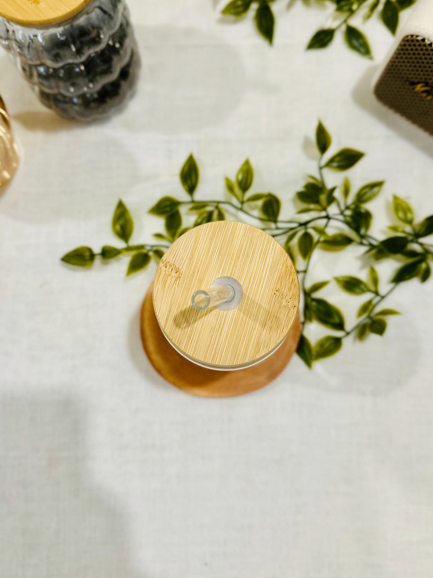Trendy Glass Drinking Can with Bamboo Lid & Straw