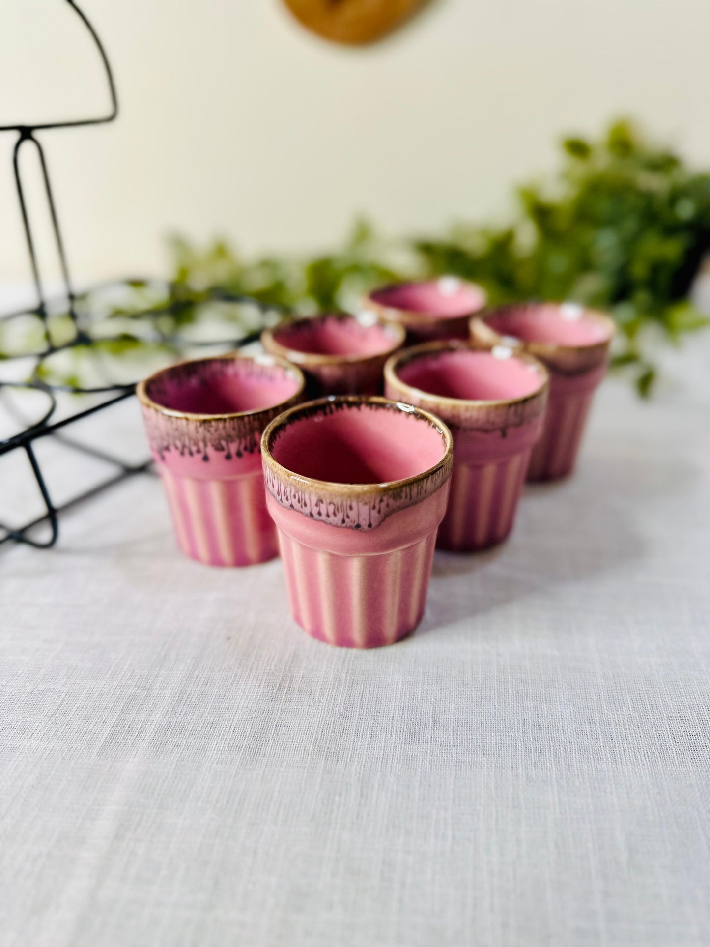 Artisanal Ceramic Tea/Chai Kulhad Set with Metal Carrier (Set of 6)