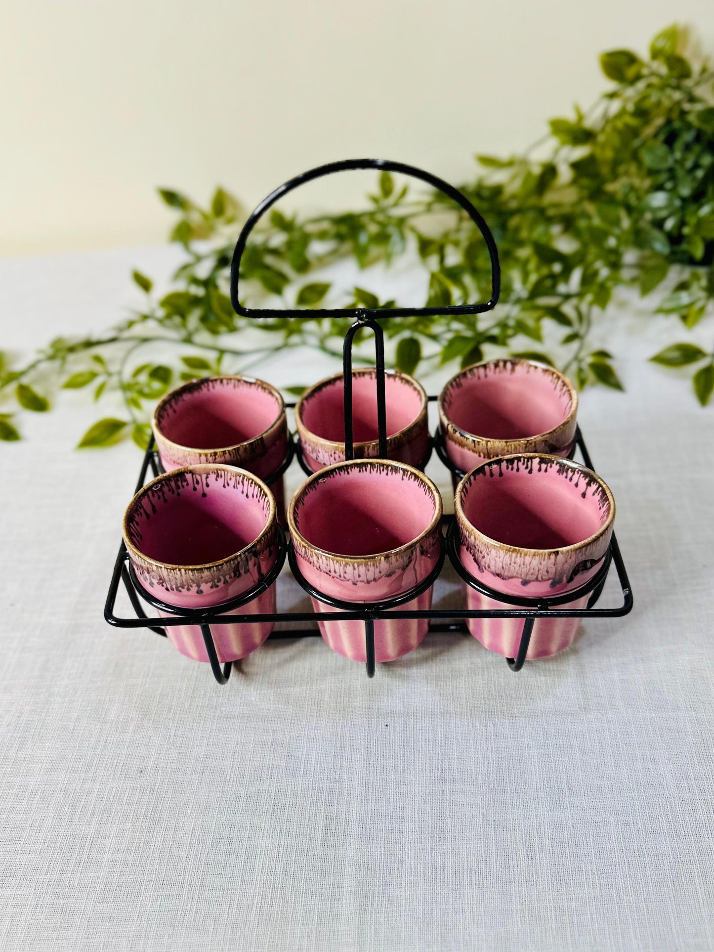 Artisanal Ceramic Tea/Chai Kulhad Set with Metal Carrier (Set of 6)