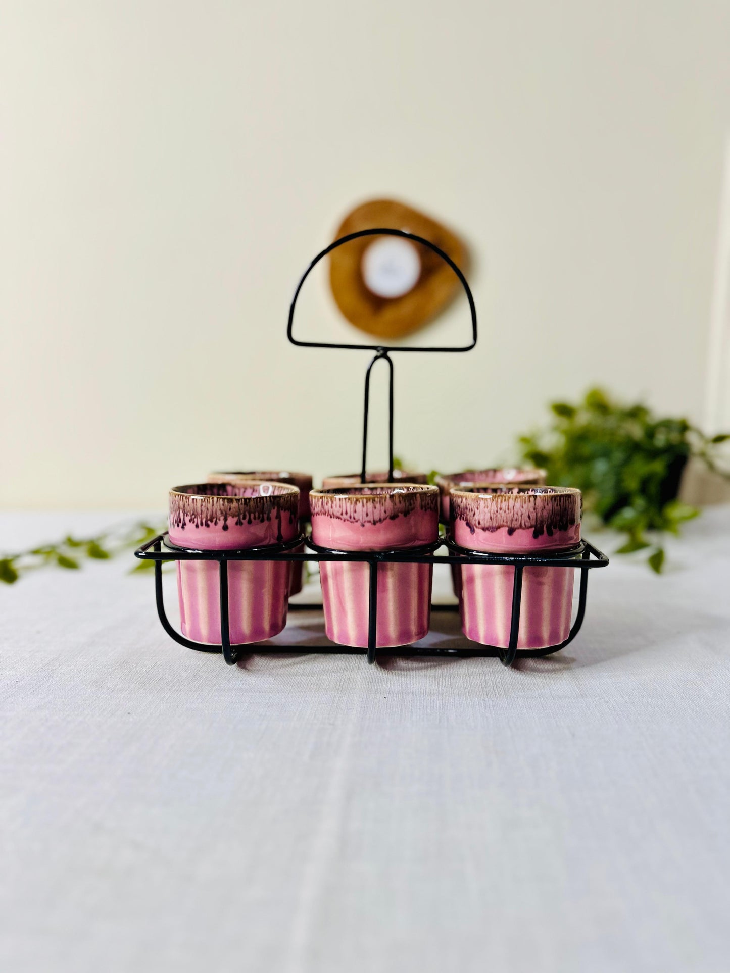 Artisanal Ceramic Tea/Chai Kulhad Set with Metal Carrier (Set of 6)