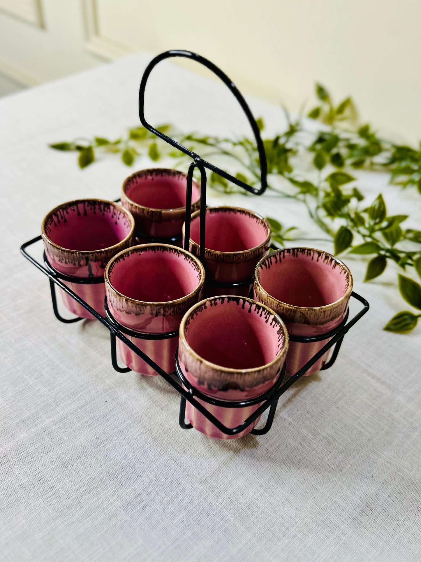 Artisanal Ceramic Tea/Chai Kulhad Set with Metal Carrier (Set of 6)