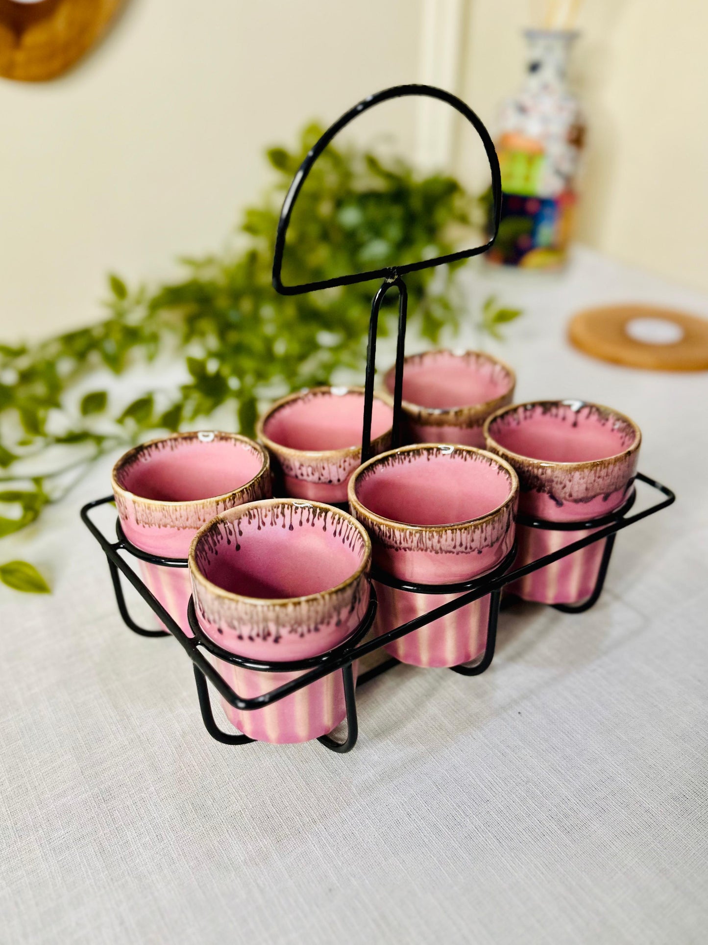 Artisanal Ceramic Tea/Chai Kulhad Set with Metal Carrier (Set of 6)