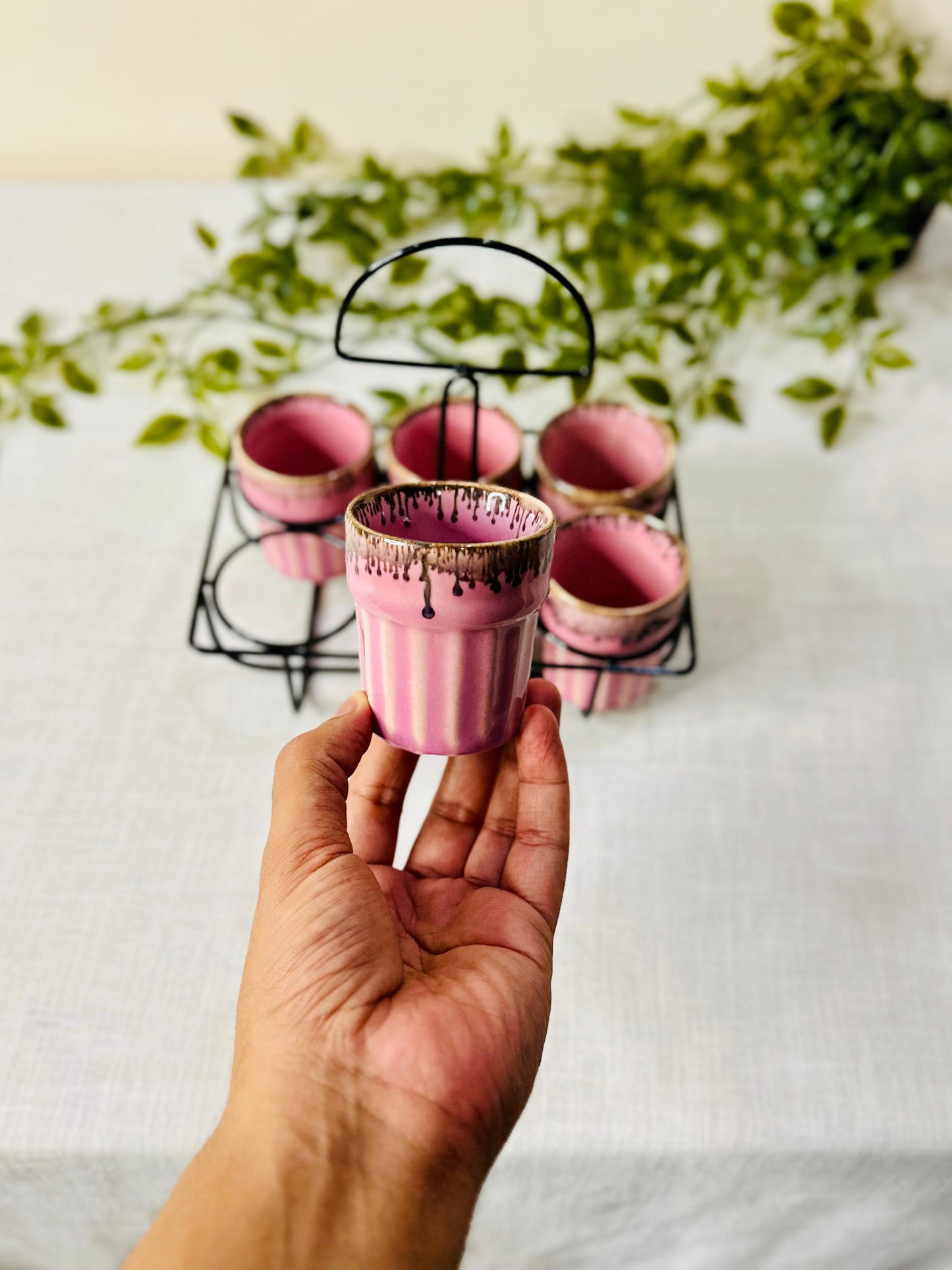 Artisanal Ceramic Tea/Chai Kulhad Set with Metal Carrier (Set of 6)