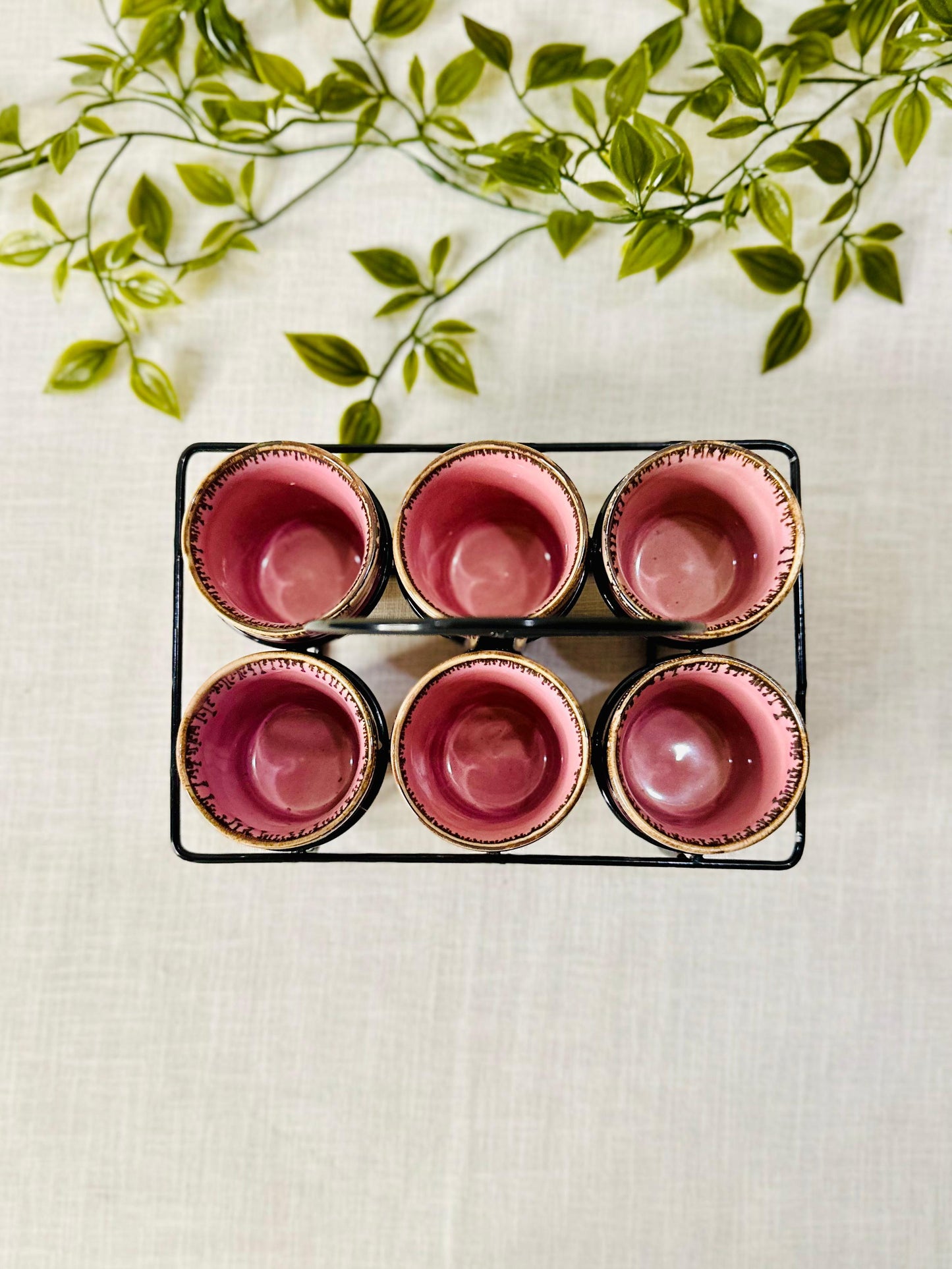 Artisanal Ceramic Tea/Chai Kulhad Set with Metal Carrier (Set of 6)