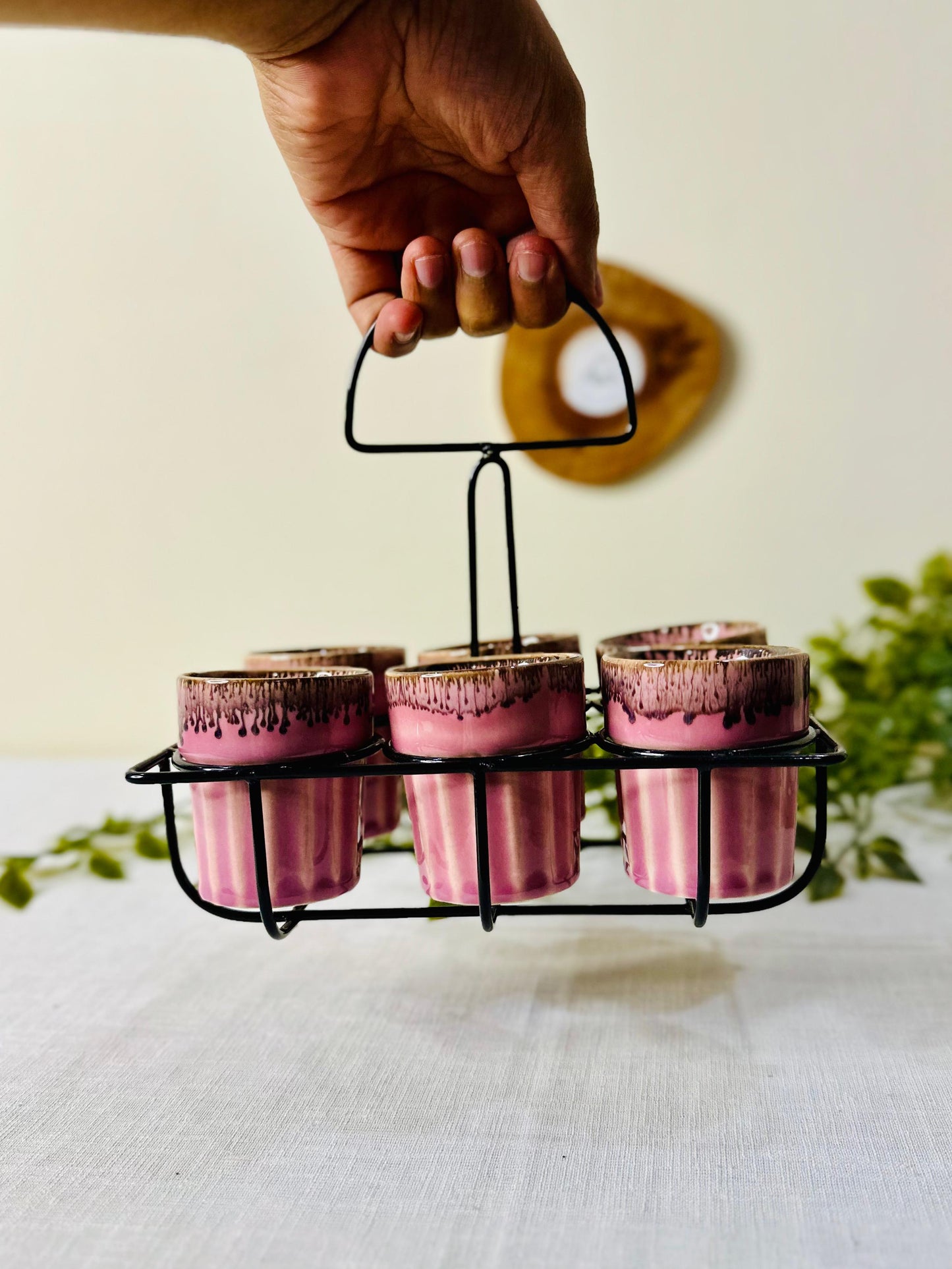 Artisanal Ceramic Tea/Chai Kulhad Set with Metal Carrier (Set of 6)