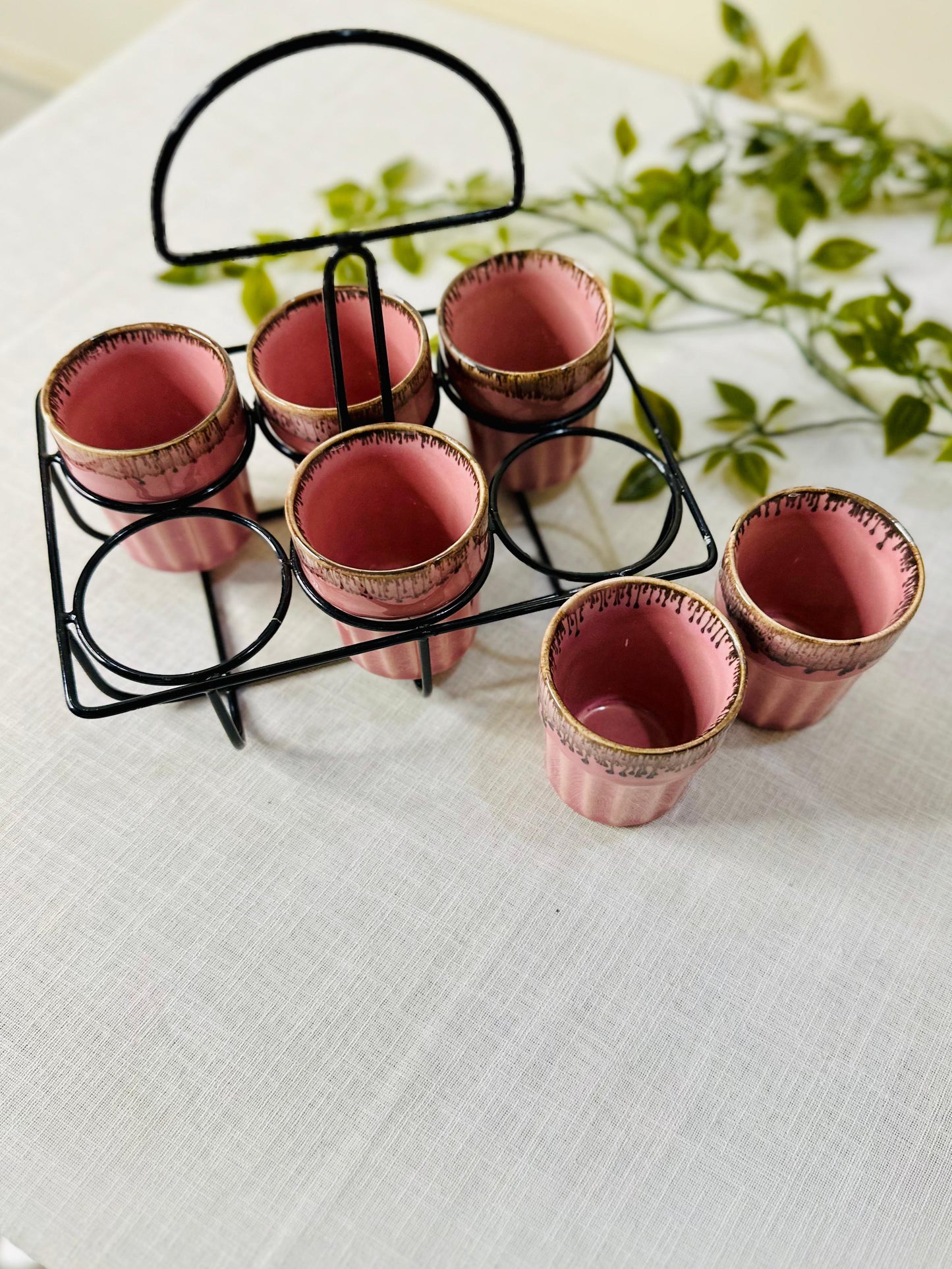 Artisanal Ceramic Tea/Chai Kulhad Set with Metal Carrier (Set of 6)