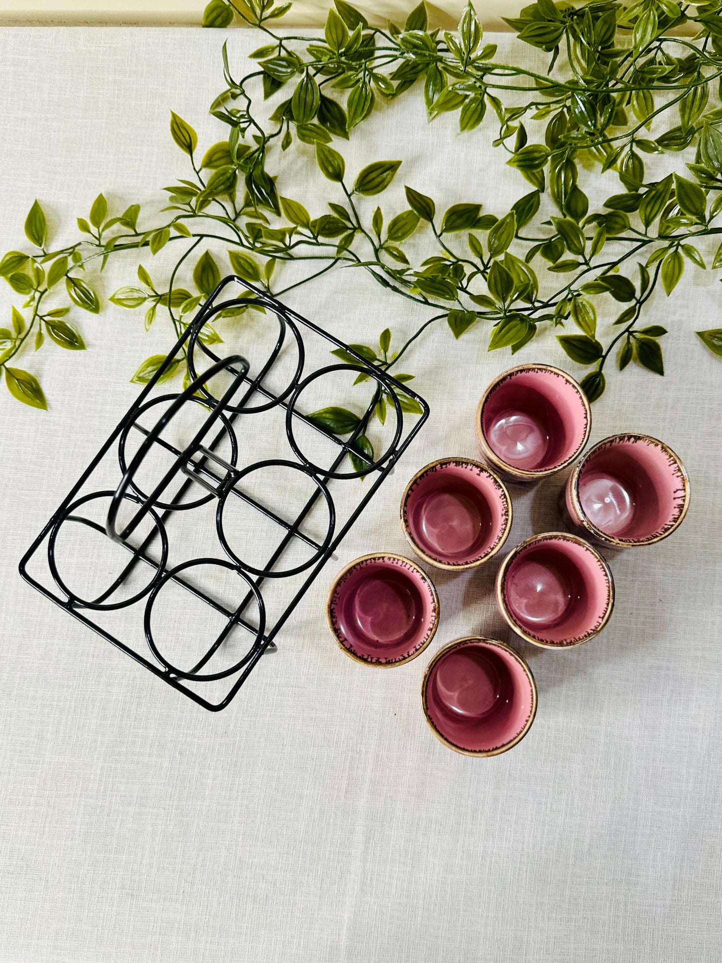 Artisanal Ceramic Tea/Chai Kulhad Set with Metal Carrier (Set of 6)