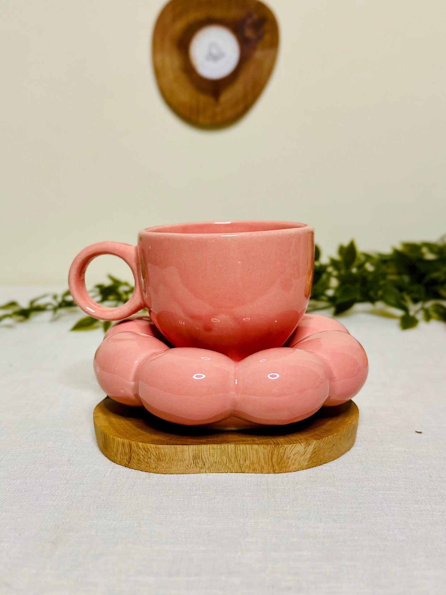 Pink Ceramic Cup with Bubble Saucer