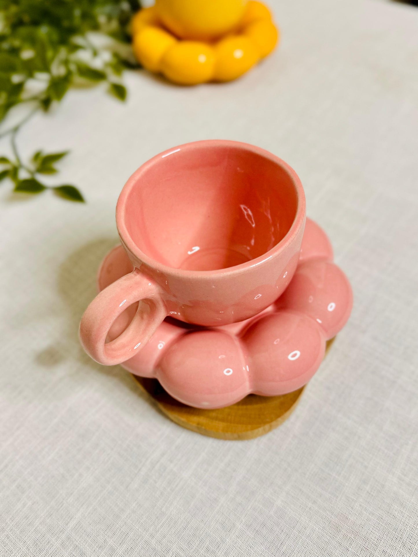 Pink Ceramic Cup with Bubble Saucer