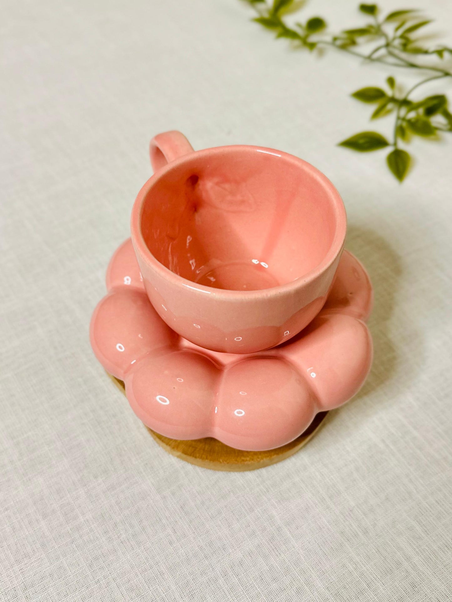 Pink Ceramic Cup with Bubble Saucer