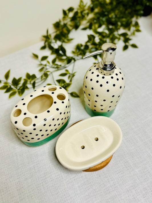 Retro Polka Dot & Teal 3-Piece Ceramic Bathroom Set