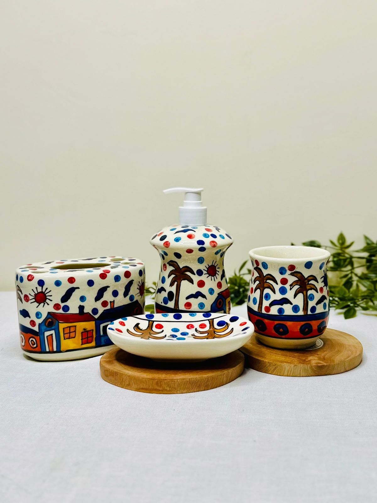 Hand-Painted Ceramic Bathroom Set (4-Piece)