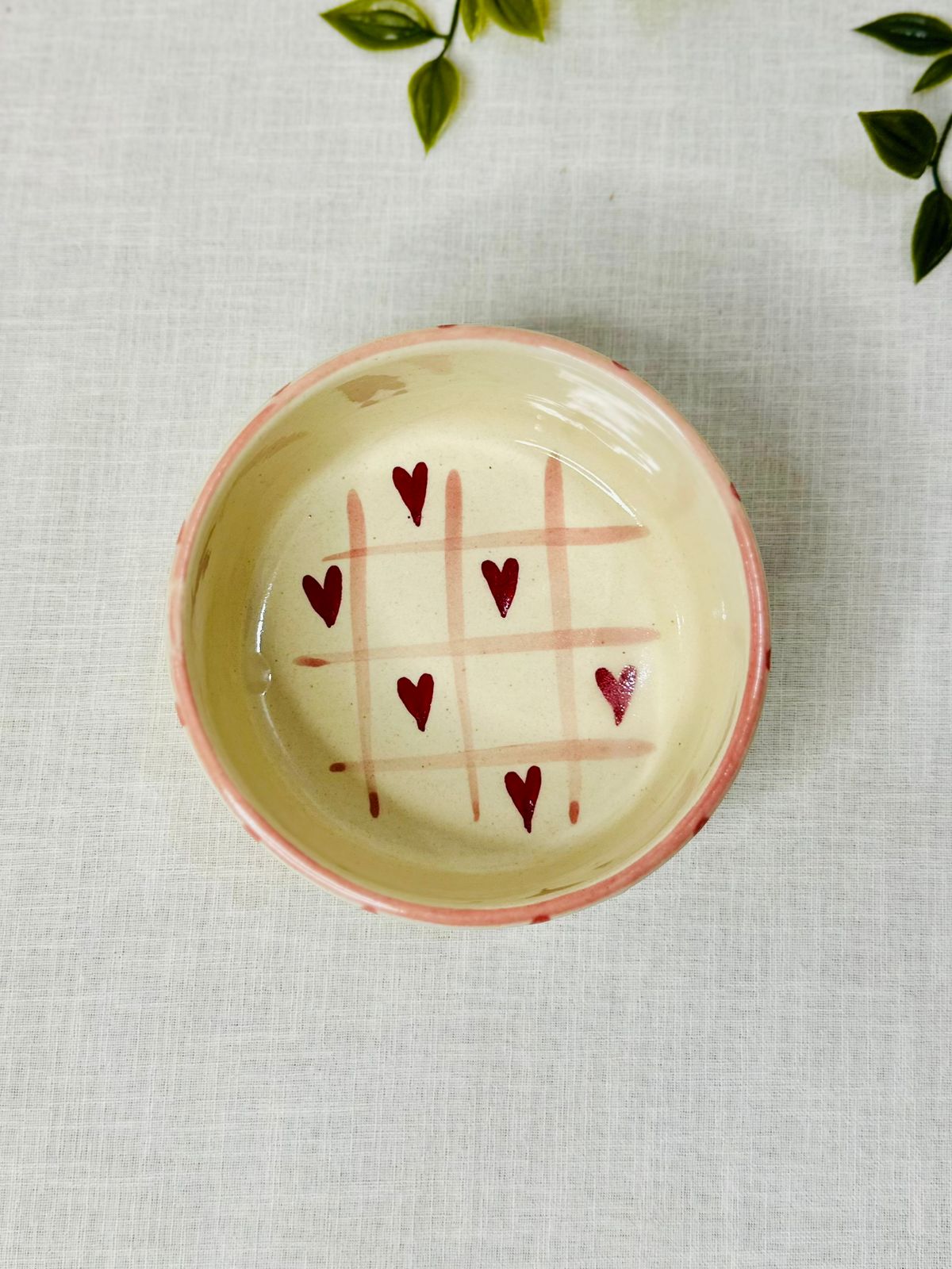 Handcrafted Ceramic Bowl – Hearts &amp; Grid Design