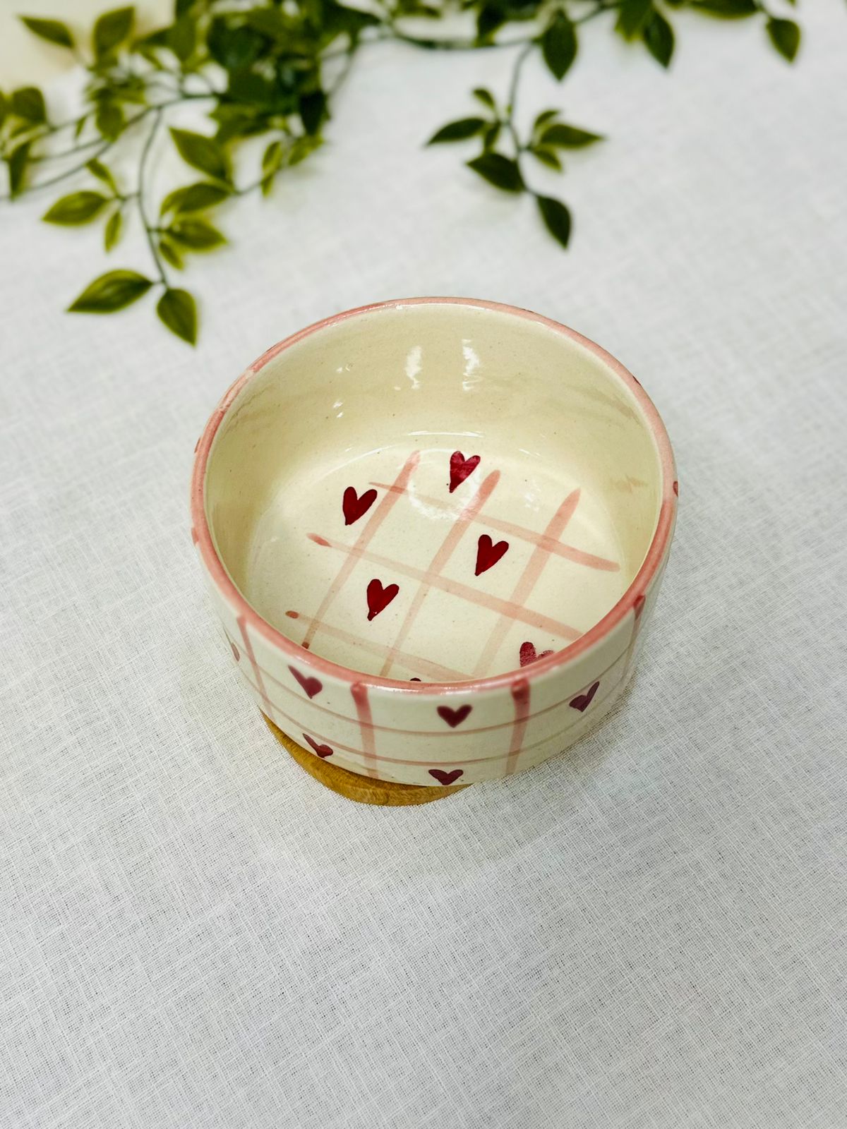 Handcrafted Ceramic Bowl – Hearts &amp; Grid Design