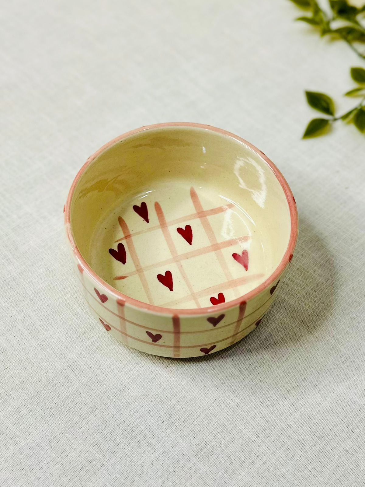 Handcrafted Ceramic Bowl – Hearts &amp; Grid Design