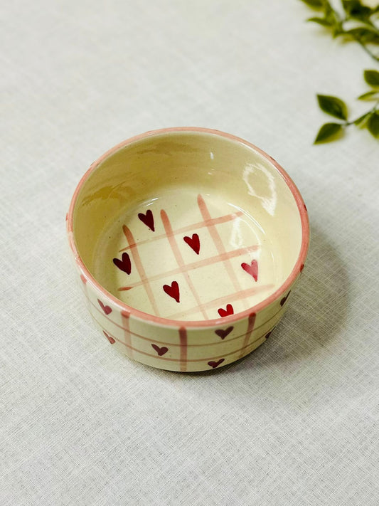 Handcrafted Ceramic Bowl – Hearts &amp; Grid Design
